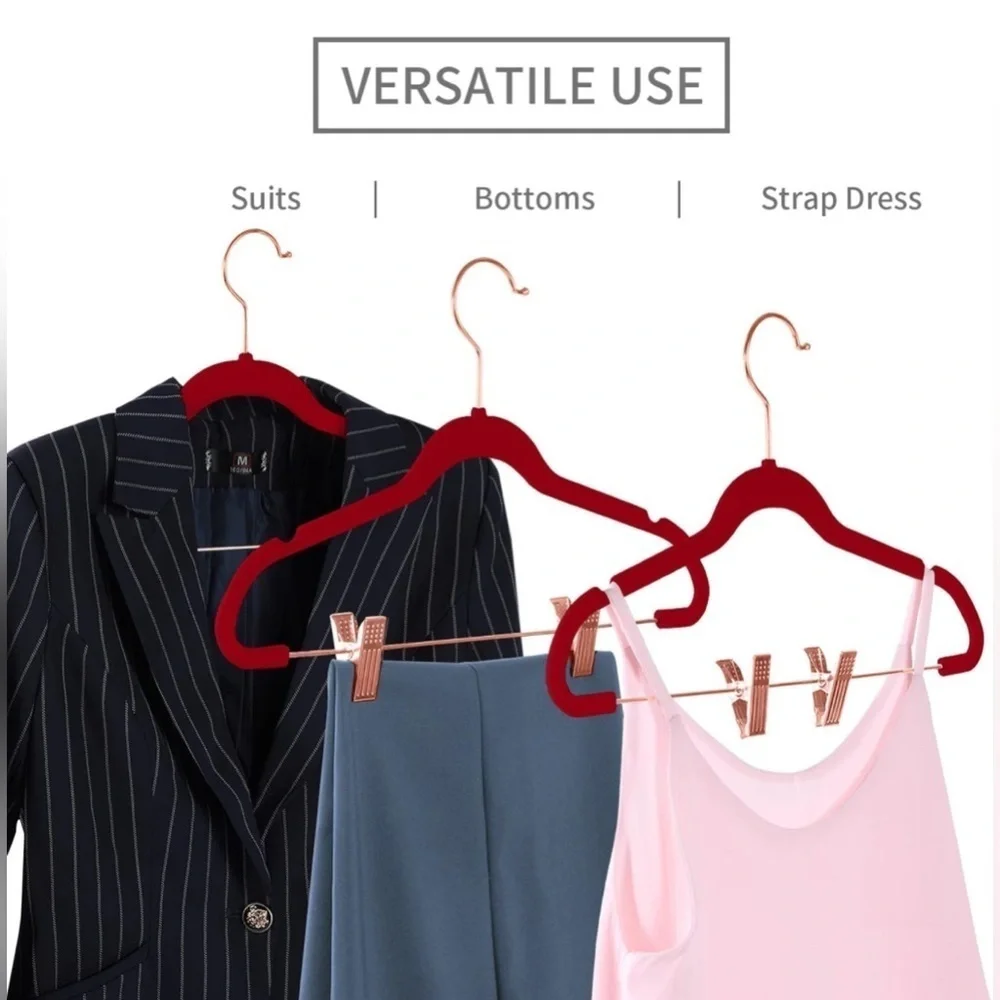 NEW Premium Space Saver Velvet Non-Slip Pants Hangers with Clips, 20 Red